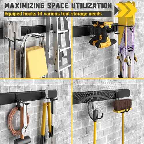 64" Garage Tool Organizer Wall Mount, 720lbs Garden Tool Organizer with 10 Adjustable Hooks, Heavy Duty Garage Tool Storage Rack for Yard, Shed (4 Racks, 10 Hooks, 3 Straps)