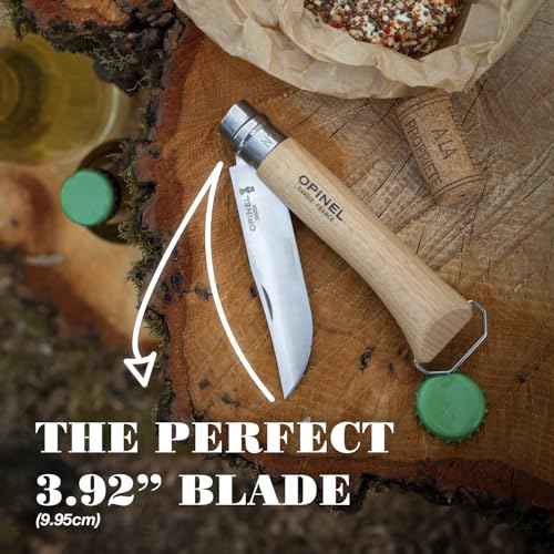 Opinel No. 10 Stainless Steel Corkscrew Wine and Cheese Folding Knife, Integrated Corkscrew + Bottle Opener, Beechwood Handle - Picnic Pocket Knife Made in France (Updated Version)