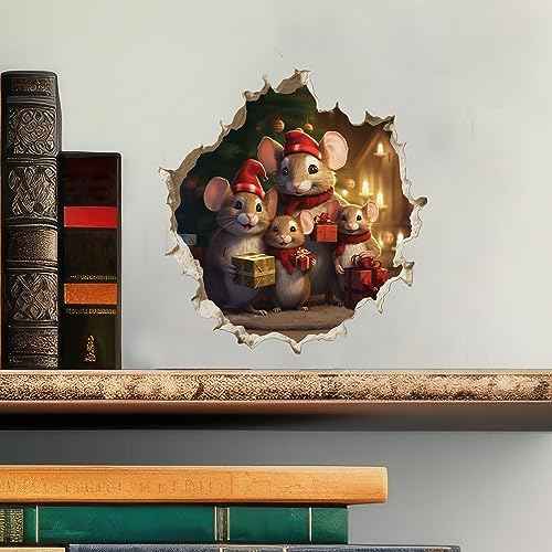 Christmas Family Mouse Hole Decal - Holidy Mice Sticker with 3D Effect