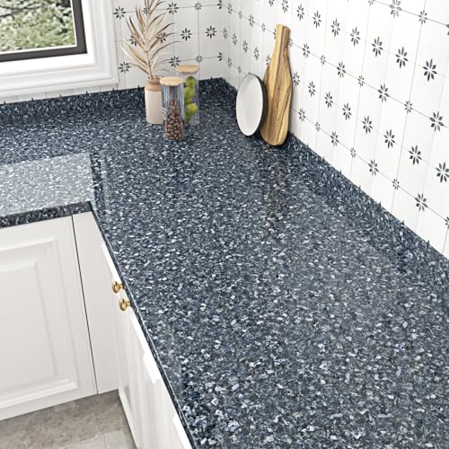 Wallercity Glossy Blue Granite Contact Paper for Countertops Modern Waterproof Peel and Stick Marble Wallpaper for Kitchen Sparkle Marble Counter Vinyl Wrap for Cabinets Desk Table Top 15.8''x78.7''