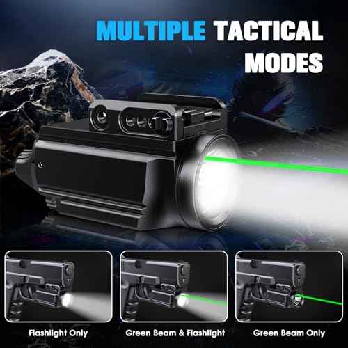 1000 Lumens Pistol Light Green Beam Combo, Strobe Memory Function Compact Weapon Light with Adjustable Picatinny or GL Rail, USB Rechargeable Aluminum Tactical Flashlight, Battery Included