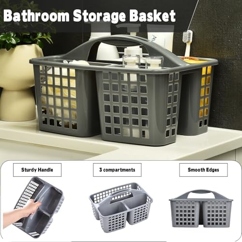 Haundry Plastic Shower Caddy Basket with 3 Compartments, Portable Divided Cleaning Supply Storage Organizer with Handle (Grey)