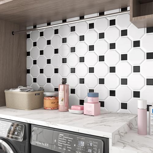 LaCheery 12"x12" Black and White Peel and Stick Backsplash for Bathroom Kitchen Backsplash Tiles Peel and Stick Octagon Peel and Stick Backsplash Tile Waterproof Wall Tiles Sticker Back Splash 4 Tiles