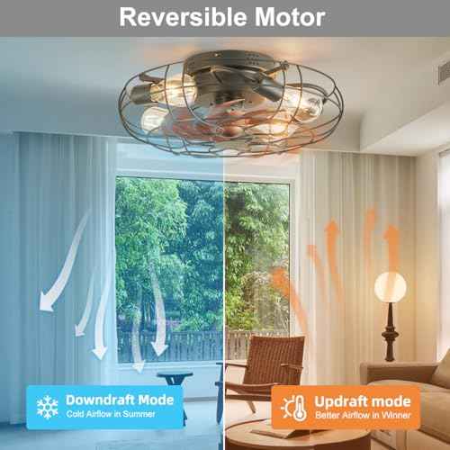 Small Caged Ceiling Fan with Light, Farmhouse Rustic Flush Mount Ceiling Fans with Lights and Remote, Bladeless Low Profile Enclosed Ceiling Fan with Light for Kitchen, Bedroom, Black