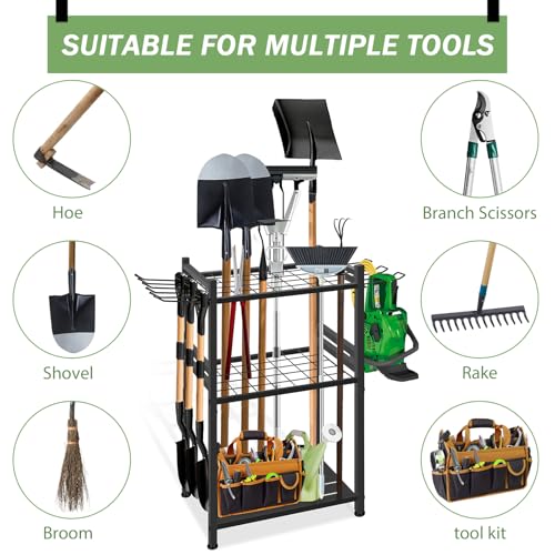 GMAK Garden Tool Organizer, Heavy Duty Garage Tool Storage Rack Utility Yard Tool Tower Rack with Large Hooks for Shed Garage Storage and Organization, for Long Handle Tools, Rake, Brooms, Shovel