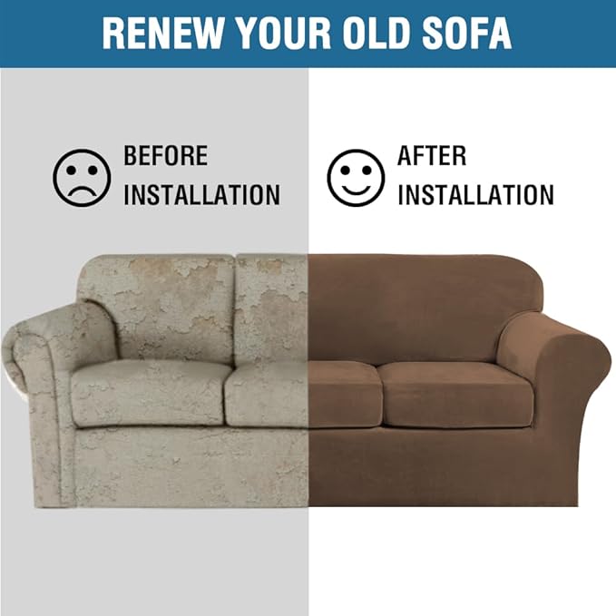 H.VERSAILTEX Modern Velvet Plush 4 Piece High Stretch Sofa Slipcover Sofa Cover Furniture Protector Form Fit Thick Velvet Sofa Cover for 3 Cushion Couch Width Up to 90 Inch (Sofa, Bronze Brown)
