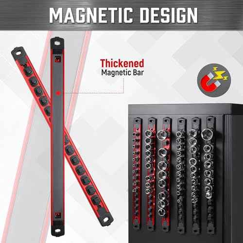 ALOANES 3-Piece Magnetic Socket Organizer, Heavy Duty Aluminum Socket Rails Organizer, 360¡Æ Swivel Clips Socket Holder Kit for Tool Box, 1/2, 3/8, 1/4-Inch Socket Holder x 40 Clips (Red)