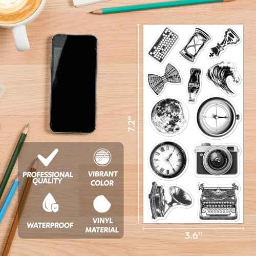 Vintage Science and Curiosity Stickers Pack 108Pcs Black White Retro Vinyl for Journals Laptops Scrapbooking DIY Crafts Students Thinkers Laptop Bike Wall