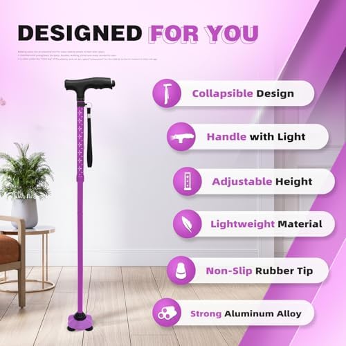 BigAlex Folding Walking Cane with LED Light, Lightweight Adjustable Canes for Women & Men, Free Standing Canes, Pivot Tip, Adjustable Travel Walking Aids with Carry Bag for Seniors Balance & Stability
