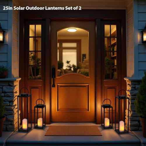 Large Solar Outdoor Lanterns, 25" 16" Tall Farmhouse Black Metal Waterproof Decorative Lanterns with Solar Candles for Front Porch, Patio, Christmas, Fall Decor- Set of 2