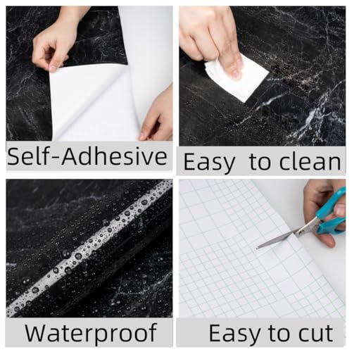Anmon Black Marble Contact Paper, Glossy Black Marble Wallpaper Waterproof 15.7''X118'' for Countertops, Self-Adhesive Removable Vinyl Wallpaper Thicken and Not Tearing for Cabinets, Kitchen