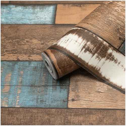 Blue Brown Wood Wallpaper Vintage 17.7"¡¿78.8"Wood Grain Contact Paper Peel and Stick Wallpaper Self Adhesive Removable Wall Paper Wood Contact Paper for Cabinets Furniture Vinyl Waterproof Film