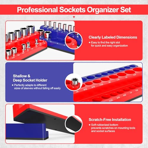 Luney 6PCS Magnetic Socket Organizer Set, Socket Holder Set for 1/2", 1/4" & 3/8" SAE & Metric Trays, Tool Box Organizer Holds 143pcs Sockets(Socket not Included)