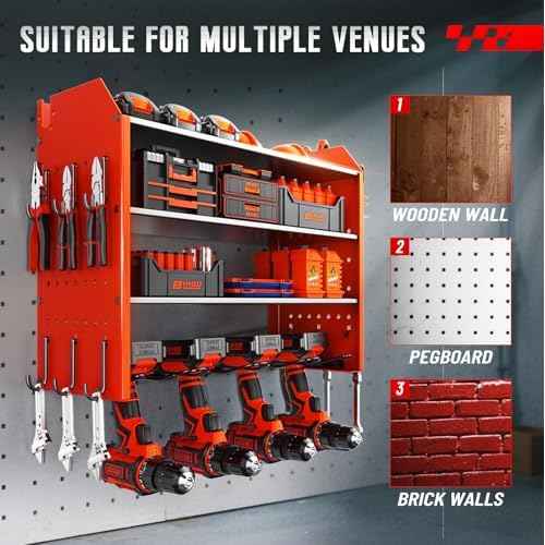Power Tool Organizer Wall Mount, Garage Tool Organizer with 4 Drill Holders for Cordless Tools.Heavy Duty Drill Holder Wall Mount with Hooks.Red