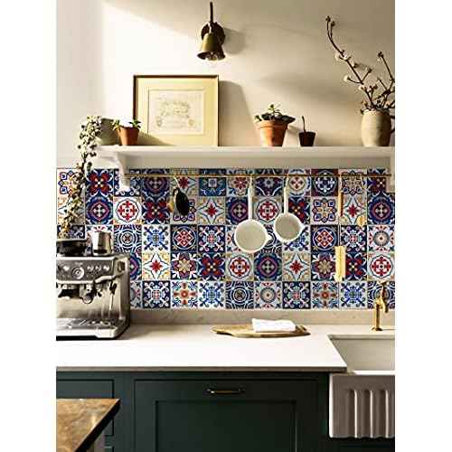 17.7" X118.1"Pattern Contact Paper Removable Peel and Stick Wallpaper Colorful Tile Self Adhesive Wallpaper Vinyl Waterproof Easy to Clean for Cabinets Countertop Kitchen Backsplash Shelf Drawer Liner