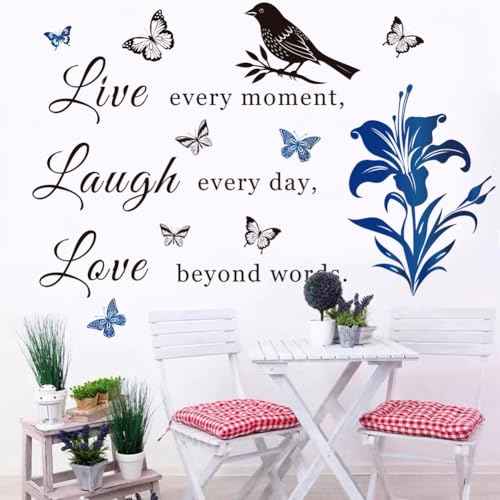 Motivational Wall Decal Quote Live Every Moment Laugh Every Day Love Beyond Words Wall Decals Family Inspirational Wall Stickers for Bedroom Living Room Window Decor Home Decor.(Blue)