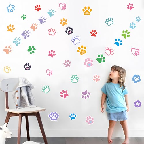 Large Paw Print Stickers 44 Pieces Glow in The Dark, Cute Dog and Cat Animals Art Wall Decals, Removable Luminous Footprint Nursery Bedroom Room Decor