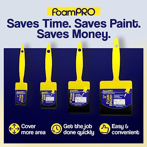 FoamPRO 715-4, 1 1/2" Foam Brush w/ 4 Refills - Premium Quality Paint Brush Set for All Paints, Urethanes, Varnishes, Stains - Effortless Application Foam Brushes- Smooth Finish, Reusable Handles