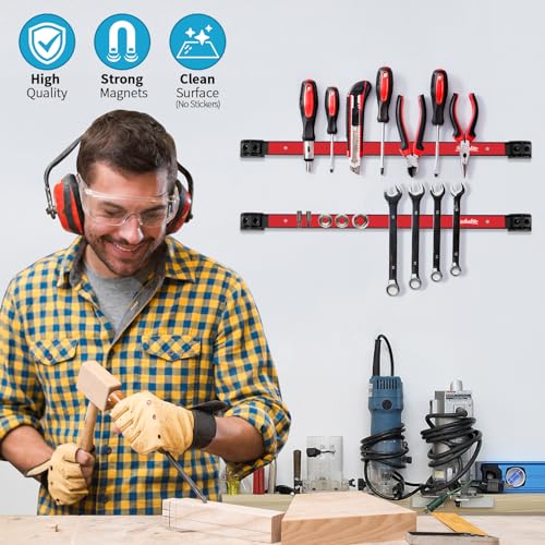 4 Pieces 18" Magnetic Tool Holder Strip, Red Magnet Bar, Metal Tool Organizer Rack for Garage Organization, Easy To Install in Workshop, Mounting Screws Included