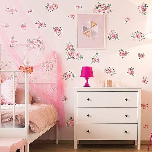 Pink Flowers & Green Leaves Wall Decals - Removable Peel & Stick Garden Floral Wall Stickers for Bedroom & Living Room
