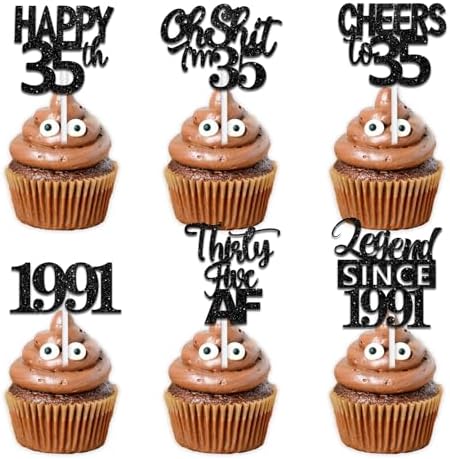 18pcs Black Glitter Happy 35th Dessert Cupcake Topper Pick for Funny Legend Since 1991 Theme Decor Supplies Men Women Happy 35 Birthday Party Decoration