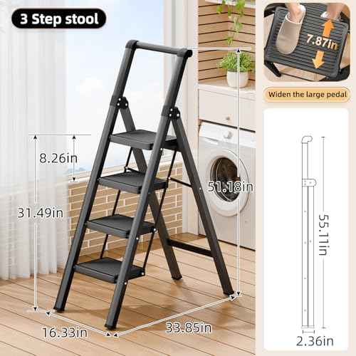 4 Step Ladder,Folding Step Stool with Widen Anti-Slip Pedals,Sturdy Carbon Steel Ladder,Convenient Handrail Heavy Duty Step Stool of 330lbs Capacity Step Stools for Adults Kitchen +1