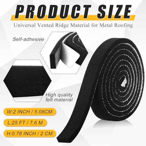 2 Pcs Metal Roofing Universal Vented Ridge Closure Strips 2 W x 25' L (50'l Total) Closure Self Adhesive Roof Panel Felt Tape Waterproof Windproof Seal for Metal Panels Insulation Weather Barrier