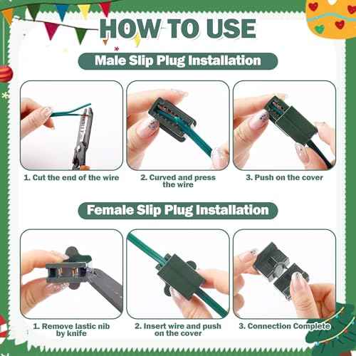 Fovths Christmas SPT-1 Electric Wire Set 120 Ft SPT-1 Zip Cord Wire 8 Male and 8 Female Vampire Plugs with Light Clips Green Electrical Light End Plug for Xmas Holiday Outdoor Indoor Lighting