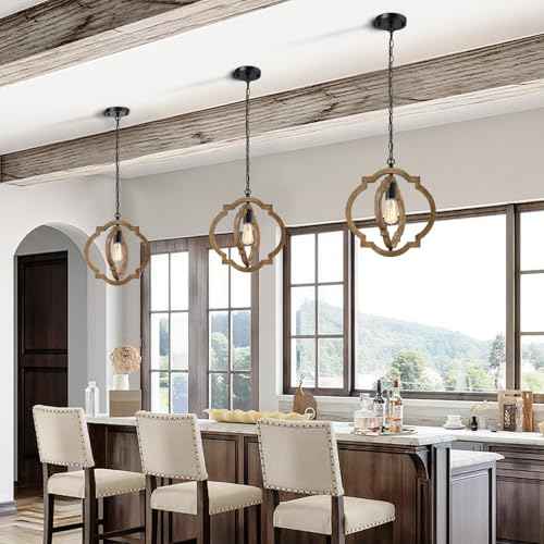 2-Pack Farmhouse Pendant Light Fixtures, Wood Grain Hanging Lights for Kitchen Island, Adjustable Height, E26 Base, Sloped Ceiling Compatible, Rustic Ceiling Light