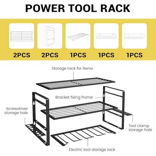 Power Tool Organizer Wall Mount, 3-Tier Heavy Duty Metal Rack Loads 180lbs with 4 Drill Holders and Side Hooks, Tool Battery Utility Rack Suitable Garage