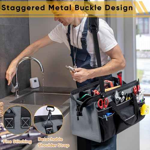 Large Heavy Duty Tool Bag for Men ? 17" Toolbox Organizer with 22 Pockets & Wrench Holder ? Wide Mouth Tool Tote with Anti-Slip Base ? Gift for Handyman, Mechanic, Father's Day