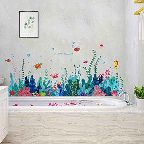 Removable 3D Under The Sea View Grass Wall Decal - DIY Ocean Coral Seaweed Stickers Murals - Peel and Stick Home Decor for Kids Bedroom, Bathroom, Girl Nursery Corner Decoration