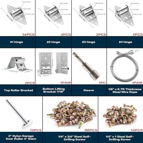 XiKe 2" Nylon Garage Door Roller 4" Stem and Hinges Kit with Top & Bottom Bracket Steel Wire Rope Screw Sleeve Hardware Set for 16 x 8 or 18 x 8 FT Door