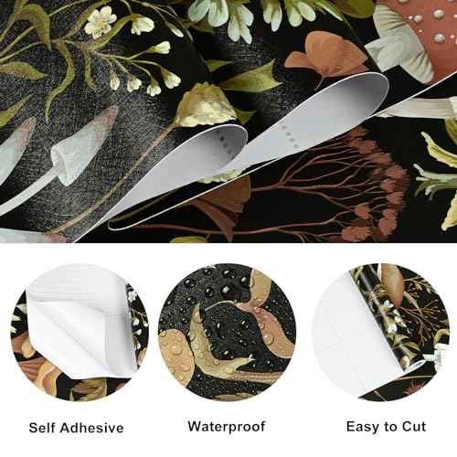 WENMER Floral Peel and Stick Boho Mushroom Wallpaper - Removable, Self-Adhesive, 17.3' x 118'