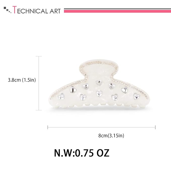 LILIE&WHITE Ivory Acrylic Hair Clip with Heart Shape Rhinestones, Medium Size, 2 Pieces, Women's Hair Accessory