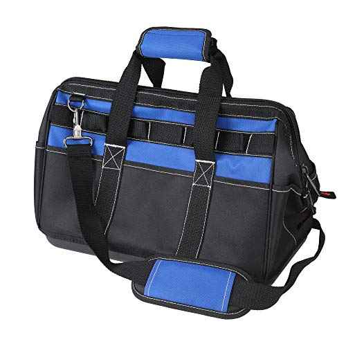 Tahoe Trails 16" Wide Mouth Tool Bag and Organizer for Home, Workshop, or Job Site, Molded Waterproof Base with 21 Pockets and 7 Belt Loops, Padded Handle, Adjustable Shoulder Strap
