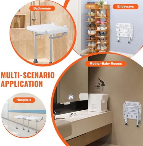 VEVOR Folding PE Shower Seat, 15.7'' x 14.8'' Unfolded, Wall Mounted Fold Up Shower Bench with 500 lbs Load Capacity, Space Saving Fold Down Shower Chair for Seniors Pregnant Women Children Adults