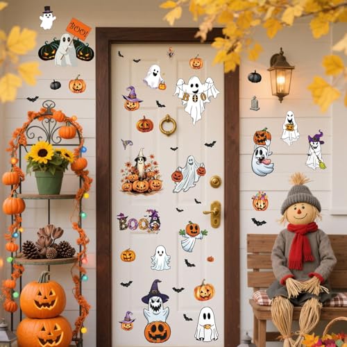 Halloween Wall Stickers and Window Clings 6 Sheets - Removable Peel and Stick Spooky, Bat, Pumpkin Decals for Home Office Classroom Halloween Decorations