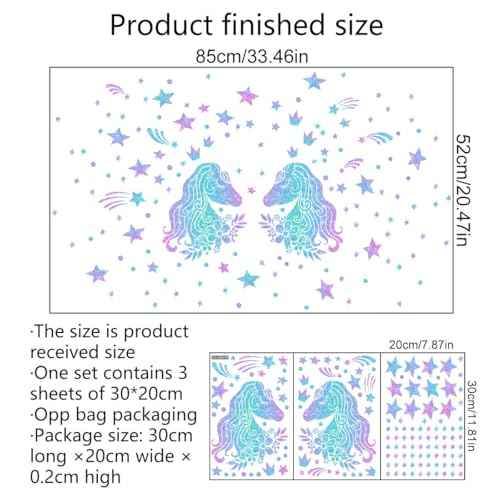 33.46 x 20.47 Inch Glow in The Dark Unicorns Wall Decals Unicorns Stars Wall Stickers Blue Luminous Glow Stars Ceiling Stickers Decor for Baby Girls Boys Bedroom Ceiling Nursery Room