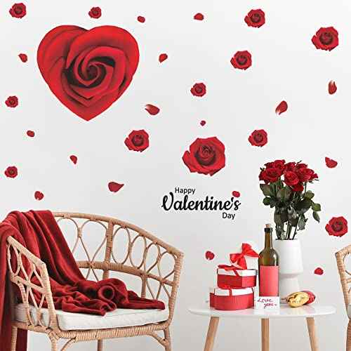 Heart-Shaped Rose Flower Wall Decals, Valentine's Day Love Wall Stickers, Removable Self-Adhesive Valentine Window Stickers, Romantic Wedding Anniversary Wall Art, Peel and Stick Murals for Home Decor
