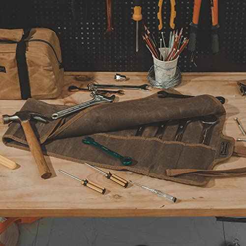 Tool Roll Up Organizer Bag, Heavy Duty 16oz Waxed Canvas Wrench Roll Up Bag with Straps, Multi-Purpose Tool Pouch (Grey)
