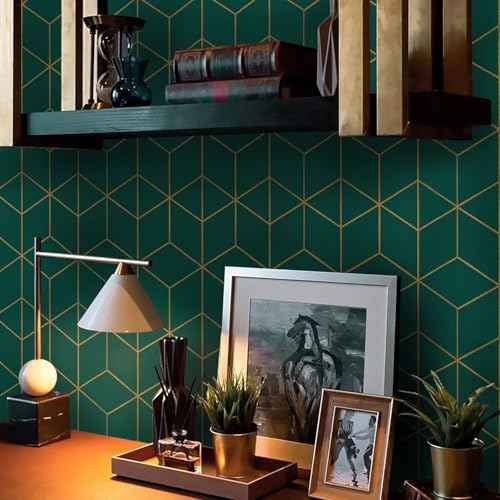 Safiyya Peel and Stick Wallpaper Gold and Dark Green Wall Paper Geometric Contact Paper Self Adhesive Removable Wallpaper for Walls Vinyl Roll 118"x17.3"