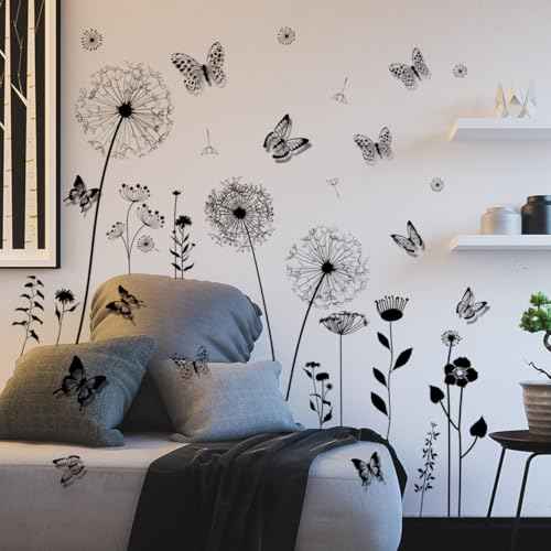 Joyartu Black Dandelion Wall Decals with 3D Black Butterflies ? Wall Stickers Peel and Stick Floral Butterflies Flying Decor for Bedroom Living Room Office Sofa Wall Decorz(2 Sheets)