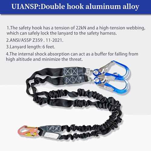 6ft Safety Lanyard Double Leg Internal Shock Absorbing Safety Fall Protection Lanyard with Rope Harness Safety Lanyard Dual Rebar & Snap Hook Roofer Fall Protection Equipment£¨Aluminium Alloy£©