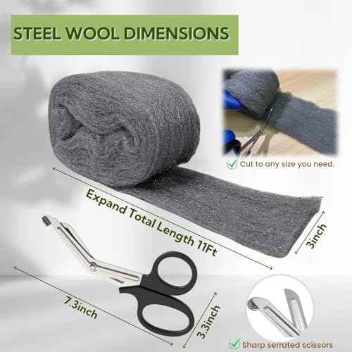 Steel Wool Mice Control - 2 Pack 3'' x 11Ft Steel Wool 0000 - Fine SteelWool Included Work Gloves & Scissors - Mouse Wall Hole Filler for Home, Garden & Garage