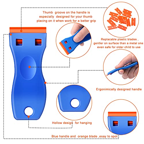 Plastic Razor Blade Scraper, 4 Pieces Scraper Tools with 100 Pieces Plastic Blades for Gasket Remover, Stickers, Decals, Adhesive, Labels, Paint, Glass, Car, Windows