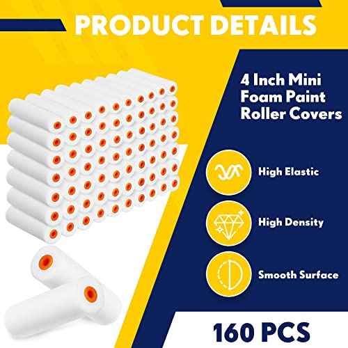 Leumoi 160 Pcs 4 Inch Foam Mini Paint Roller Covers Foam Paint Roller Small High Density Foam Paint Roller Refills Bulk Brings Smooth Finishes Flat Surfaces for Painting Walls Cupboards Doors