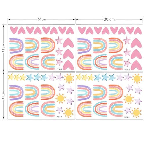 Rainbow 72pcs Wallpaper Wall Decals, Hearts, Suns, Stars, Watercolor Art for Girls, Nursery, Bedroom, Living Room, Toddler, Party Decals