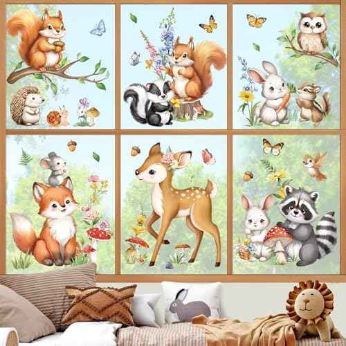 decalmile Woodland Animals Double Sided Window Clings - Forest Animal Window Decals with Deer, Fox, Squirrel, Raccoon