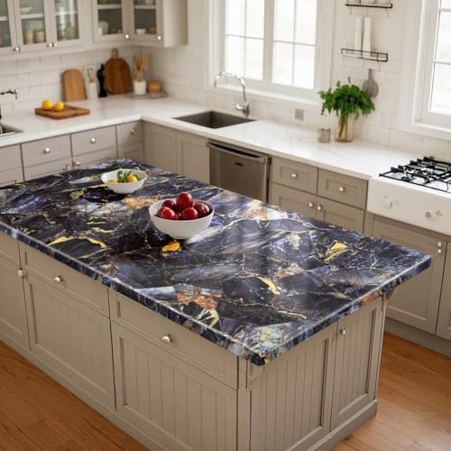 Volga Blue Marble Contact Paper 88" X 16" Marble Wallpaper Exotic Granite Self Adhesive Gloss Marble Vinyl Wrap Film for Kitchen Countertop Peel Stick Wall Paper for Cabinets Wall Funiture
